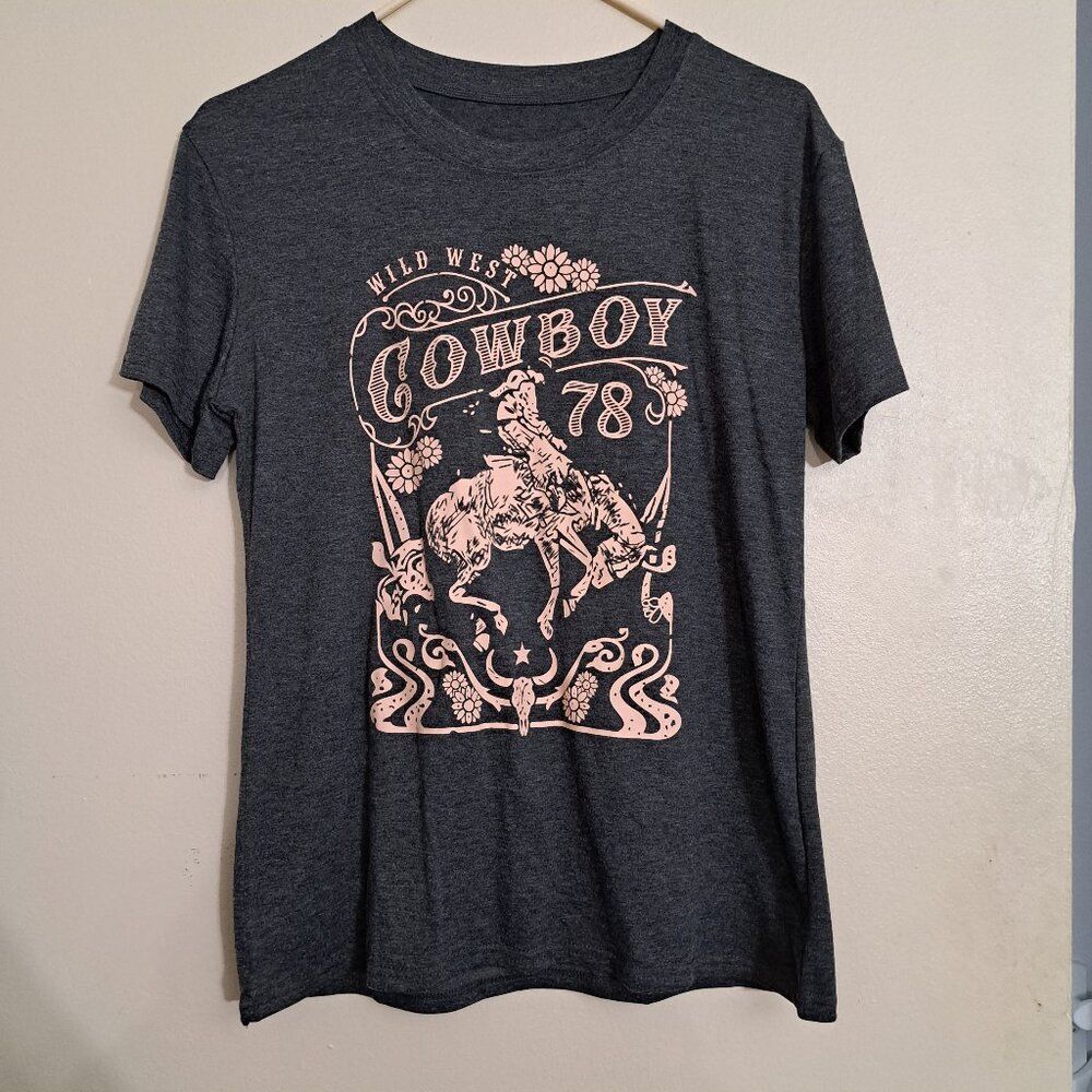 Wild West Cowboy Graphic T Shirt ADULT TEE Size: Small Gray